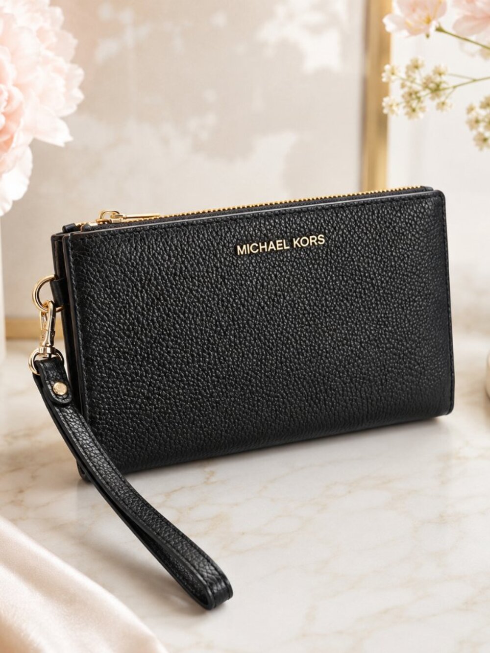 Michael Kors Double Zip XL Leather Wristlet Wallet Black Gold NWT